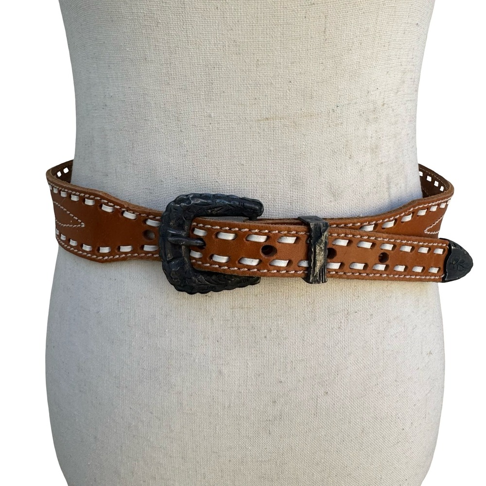 Gilles Herve Paris Tan Leather Whipstitch‎ Western Belt Made in France Size 80